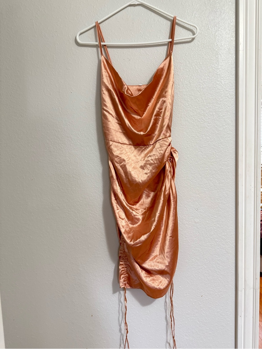 Satin Cowl Neck Slip Dress in Peach